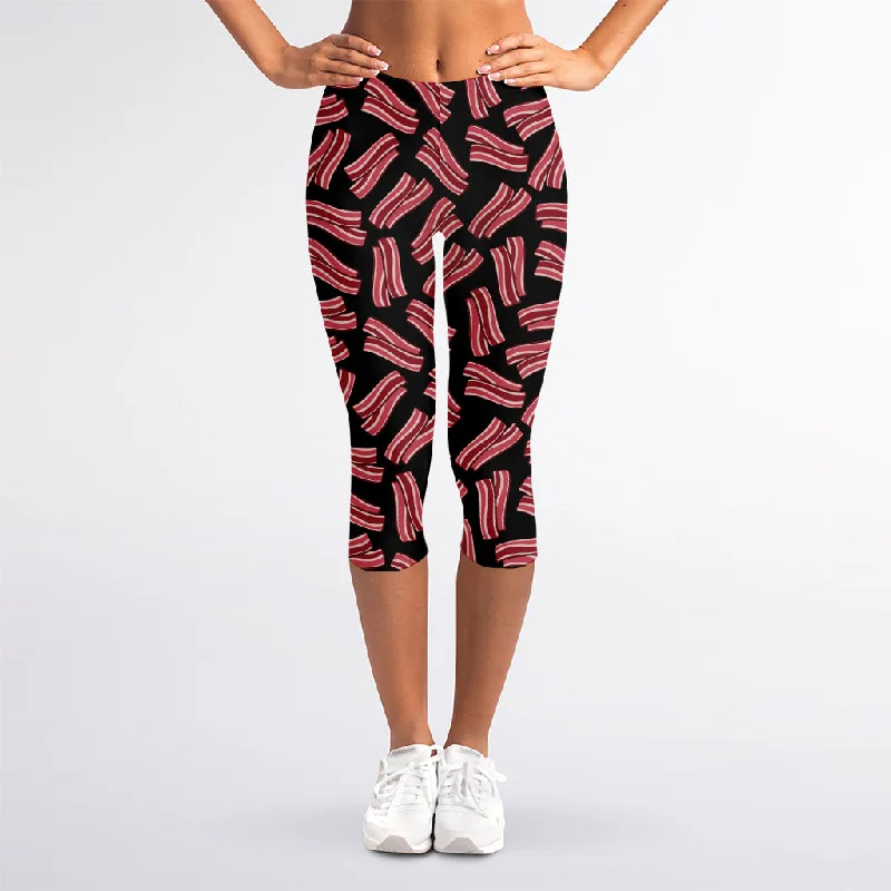 Deal Alert Black Bacon Pattern Print Women's Capri Leggings