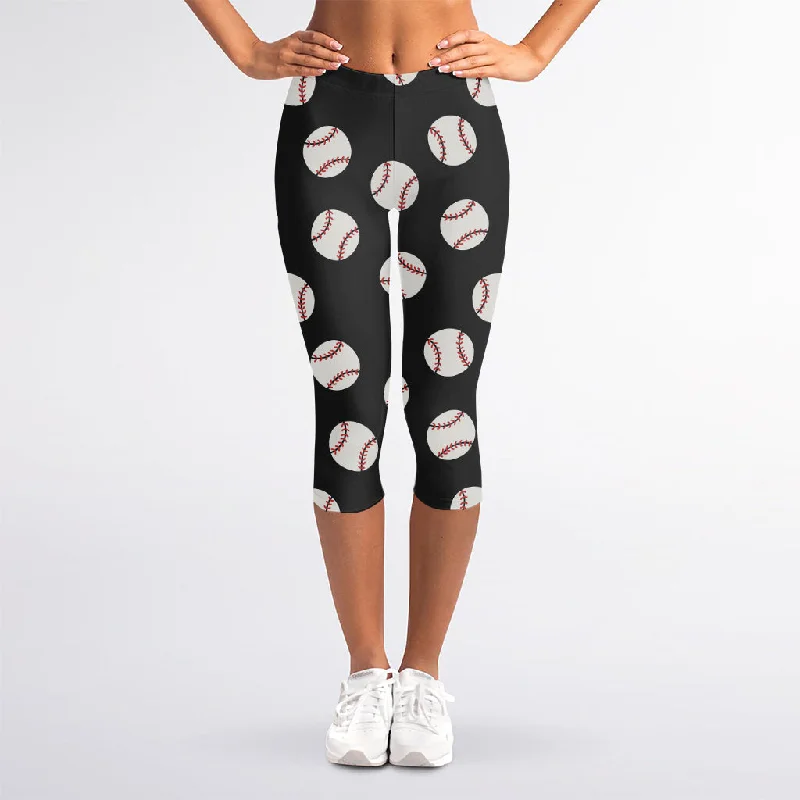 Bargain Blast Black Baseball Pattern Print Women's Capri Leggings