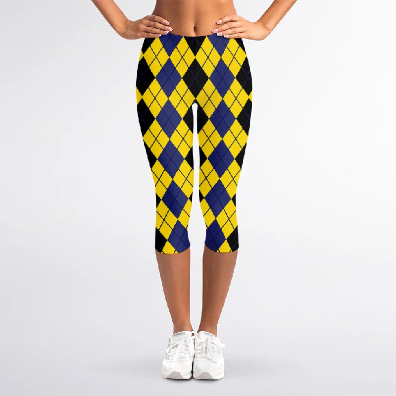 Closeout Sale Black Blue And Yellow Argyle Print Women's Capri Leggings