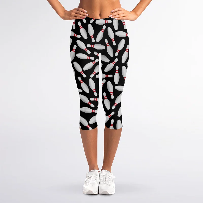 Warehouse Sale Black Bowling Pins Pattern Print Women's Capri Leggings