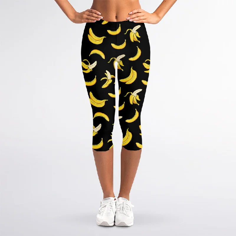 Sneak Peek Sale Black Cartoon Banana Pattern Print Women's Capri Leggings