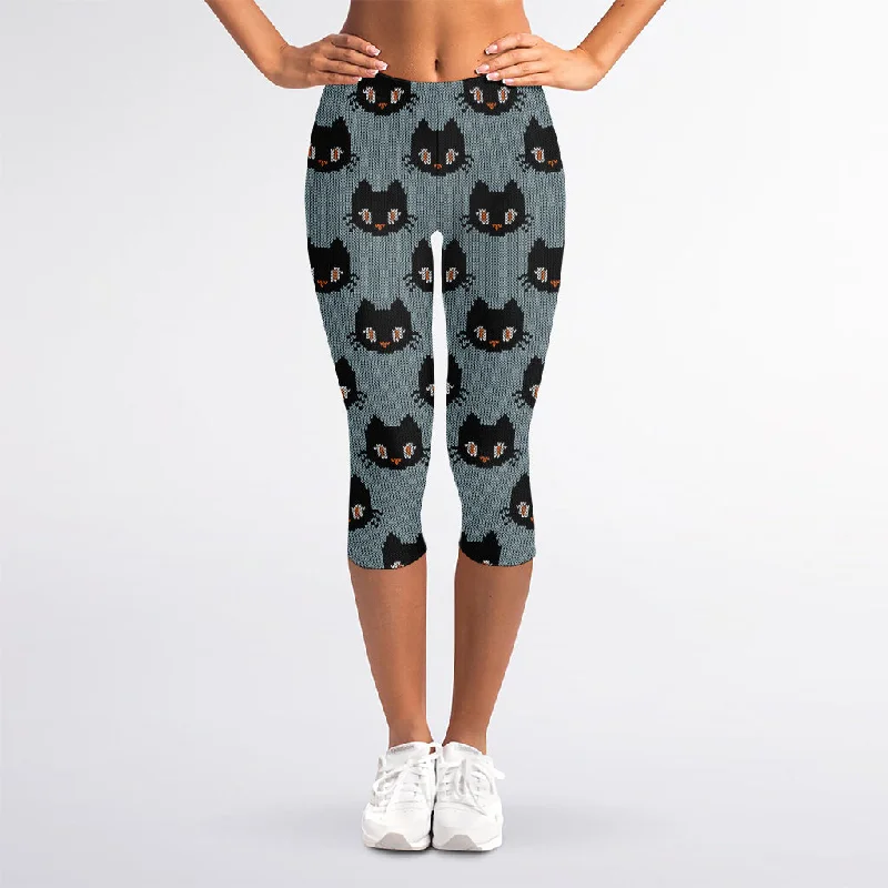Special Buy Black Cat Knitted Pattern Print Women's Capri Leggings