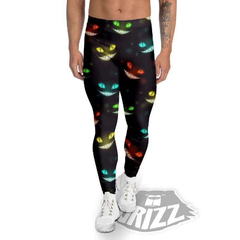 Black Cheshire Cat Print Pattern Men's Leggings