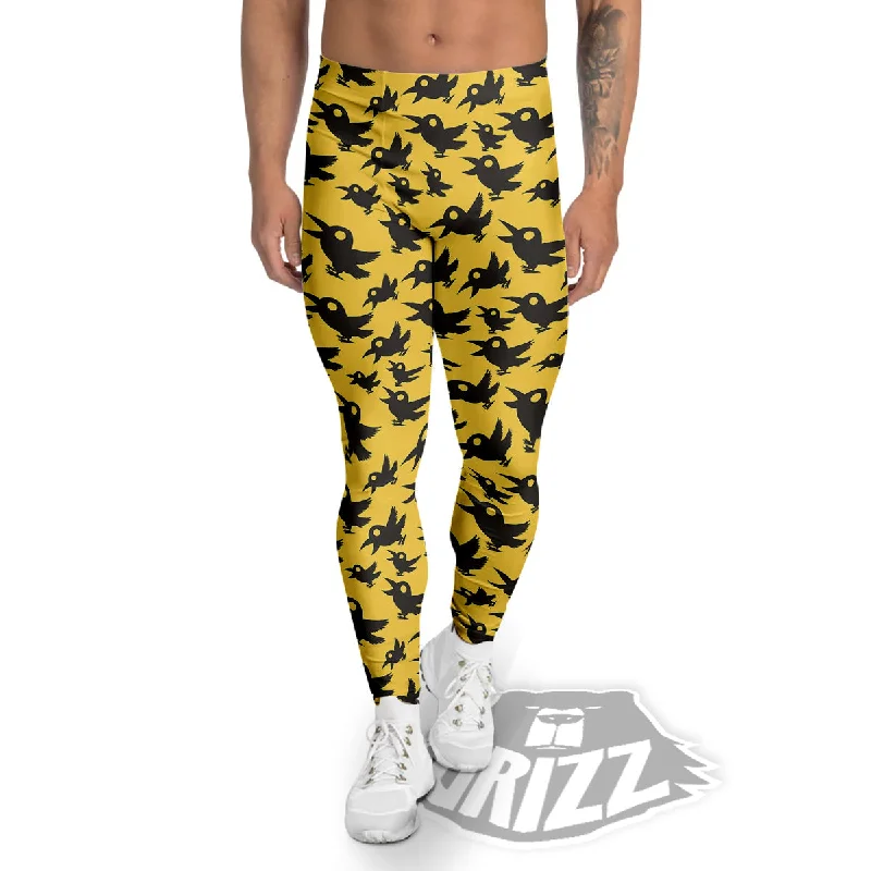 Black Crow Yellow Print Pattern Men's Leggings