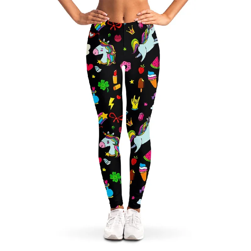 Discount Mania Black Girly Unicorn Pattern Print Women's Leggings