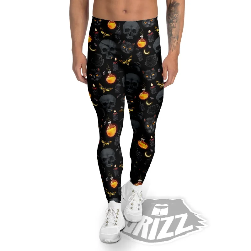 Black Head Cat Raven And Skull Print Pattern Men's Leggings