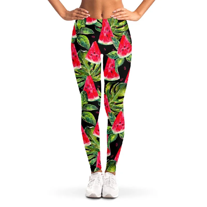 Today’s Deal Black Palm Leaf Watermelon Pattern Print Women's Leggings