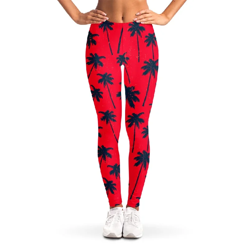 Take Advantage Black Red Palm Tree Pattern Print Women's Leggings