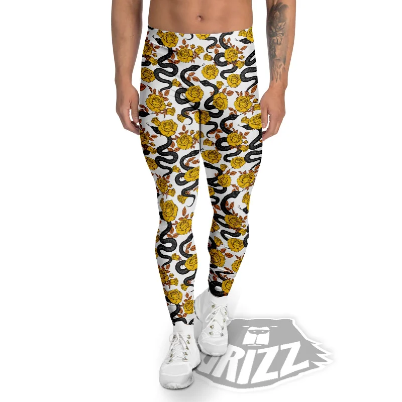 Black Snake And Gold Rose Print Pattern Men's Leggings