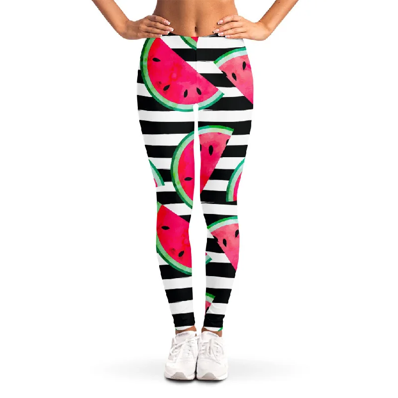 Super Bargain Black Striped Watermelon Pattern Print Women's Leggings