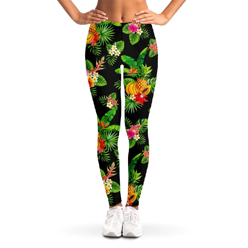 Shop and Save Black Tropical Hawaiian Pattern Print Women's Leggings