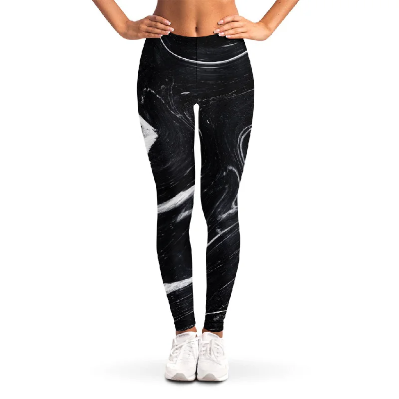 Midnight Madness Black White Liquid Marble Print Women's Leggings