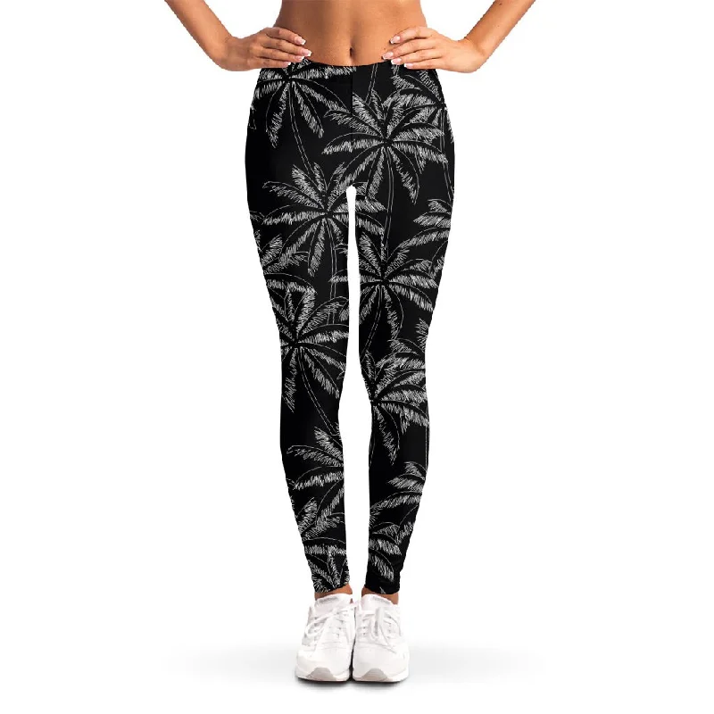 Limited Availability Black White Palm Tree Pattern Print Women's Leggings