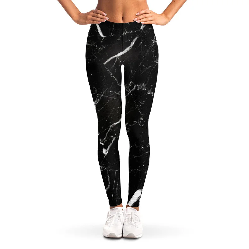 Hurry In Black White Scratch Marble Print Women's Leggings