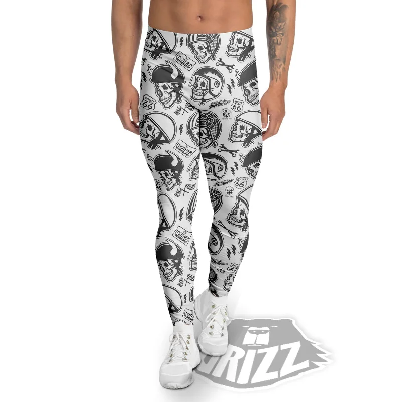 Black White Skull Helmet Rider Print Pattern Men's Leggings