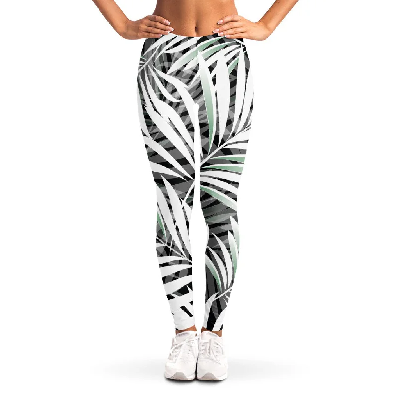 Epic Deals Black White Tropical Leaf Pattern Print Women's Leggings