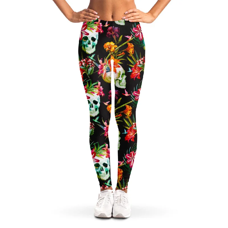 Savings Alert Blossom Flowers Skull Pattern Print Women's Leggings
