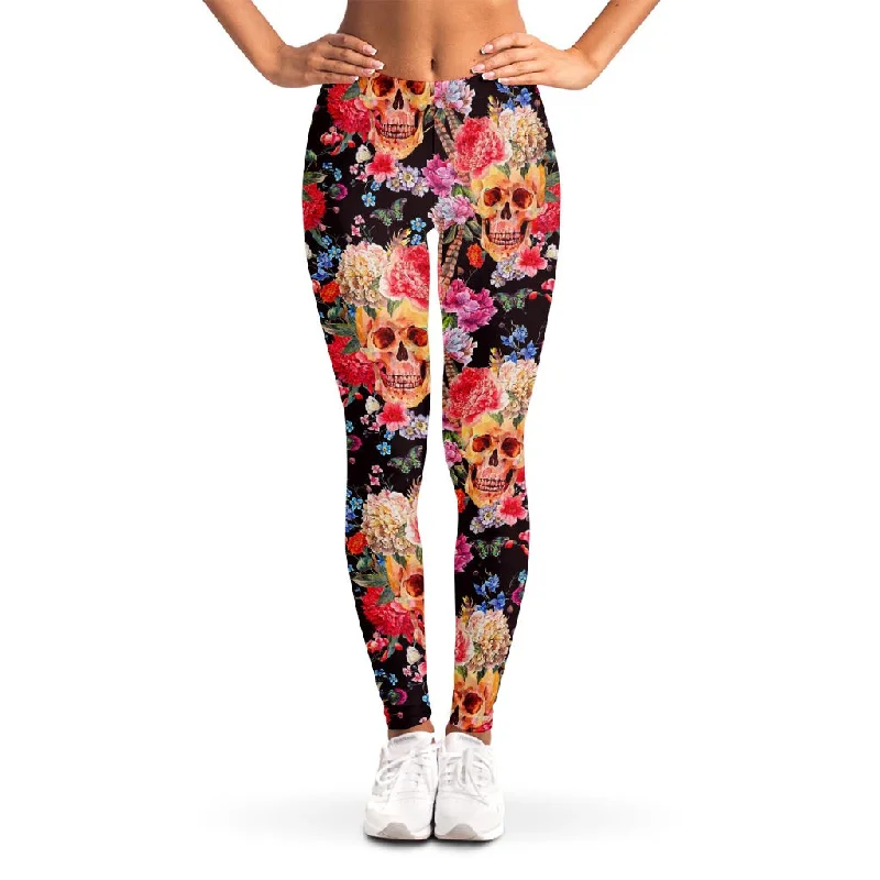Savings Event Blossom Peony Skull Pattern Print Women's Leggings