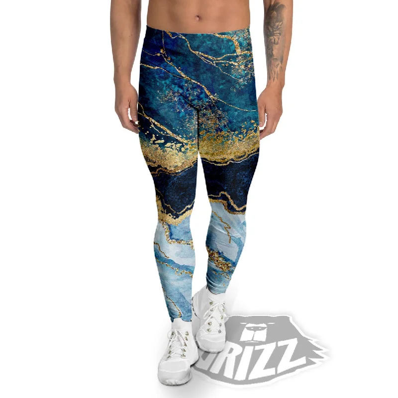 Blue And Gold Marble Print Men's Leggings