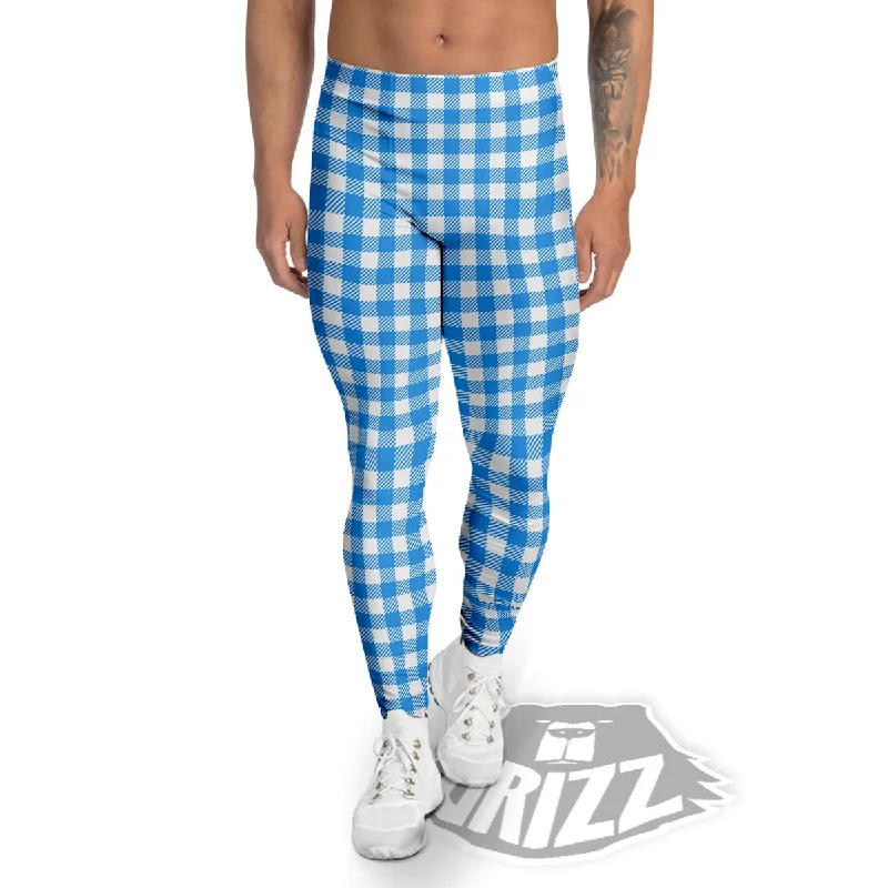 Blue Azure And White Gingham Print Men's Leggings