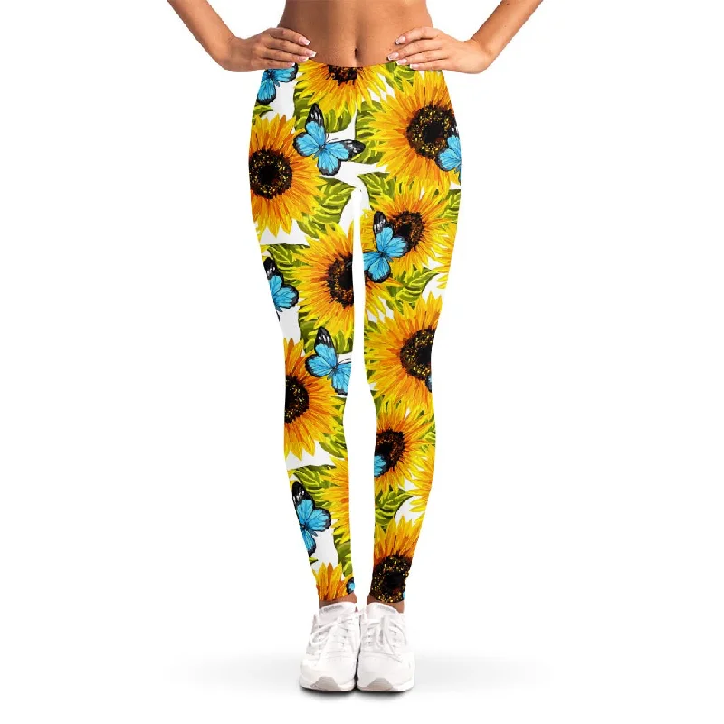 Closeout Sale Blue Butterfly Sunflower Pattern Print Women's Leggings