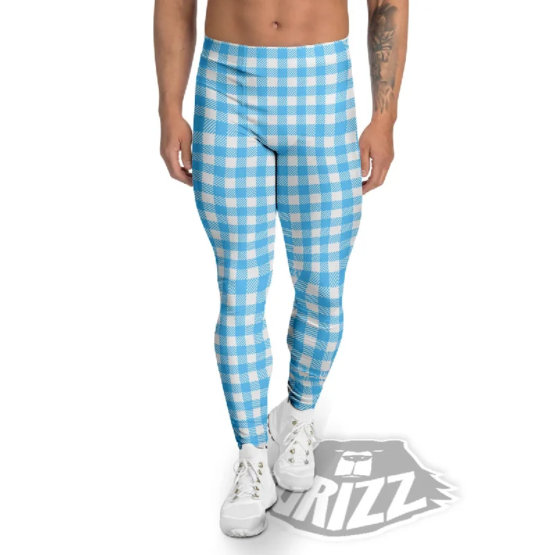 Stock Clearance Blue Cyan And White Gingham Print Men's Leggings
