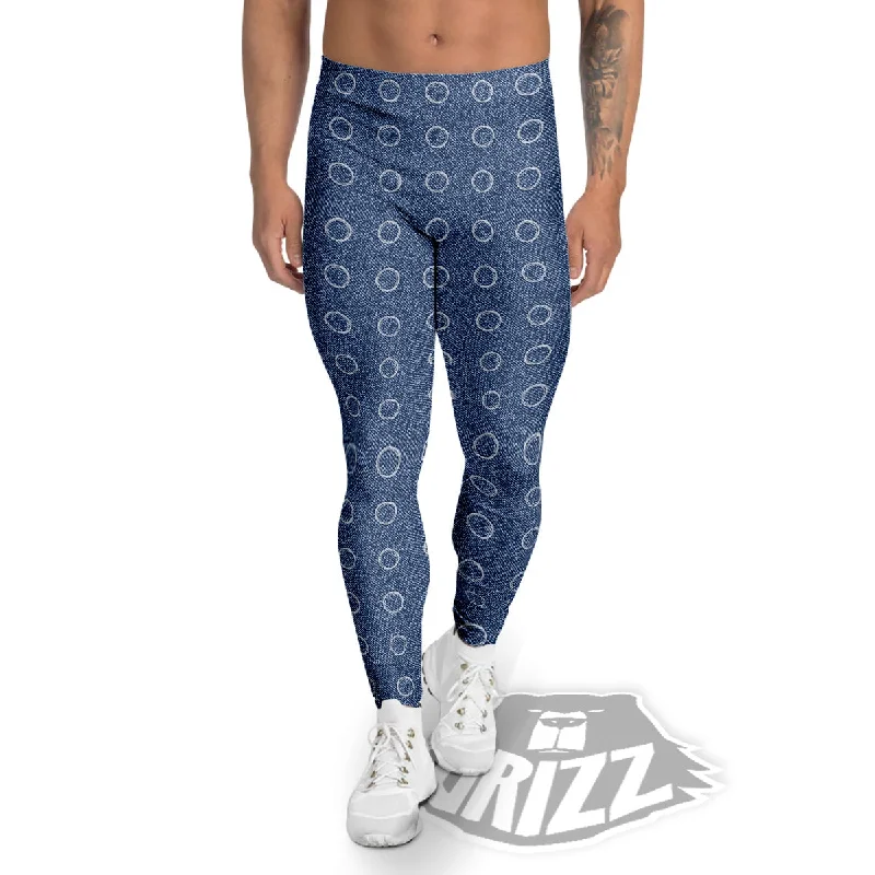Sale Event Blue Denim Jeans Polka Dot Print Pattern Men's Leggings
