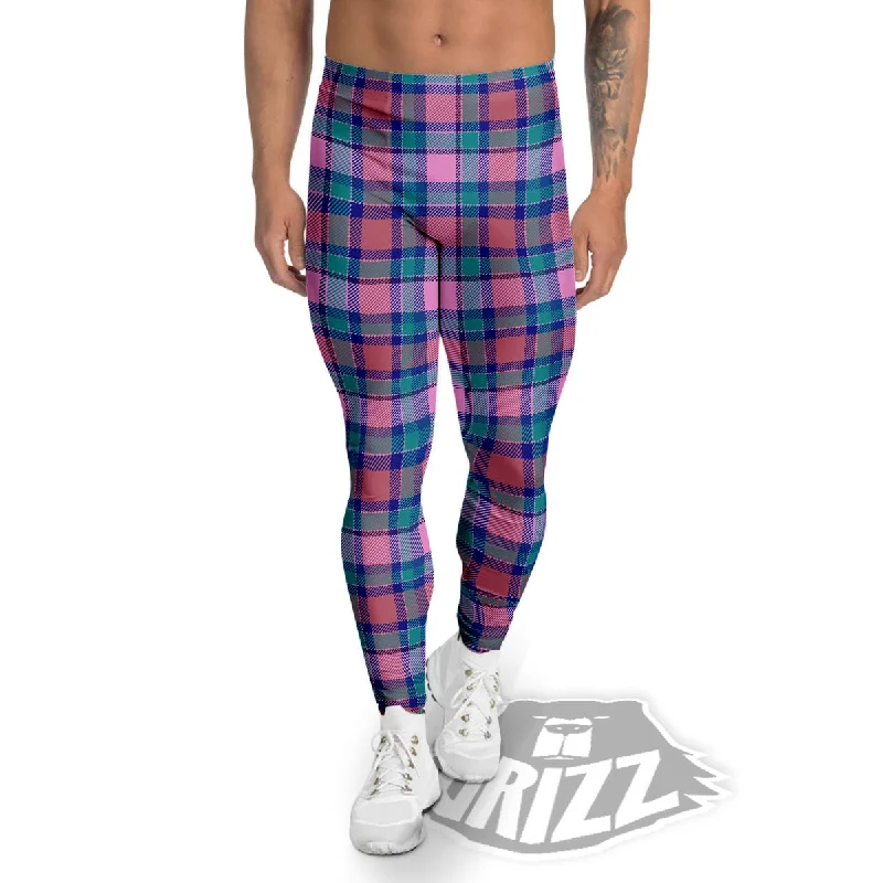 Blue Green And Pink Tartan Print Pattern Men's Leggings