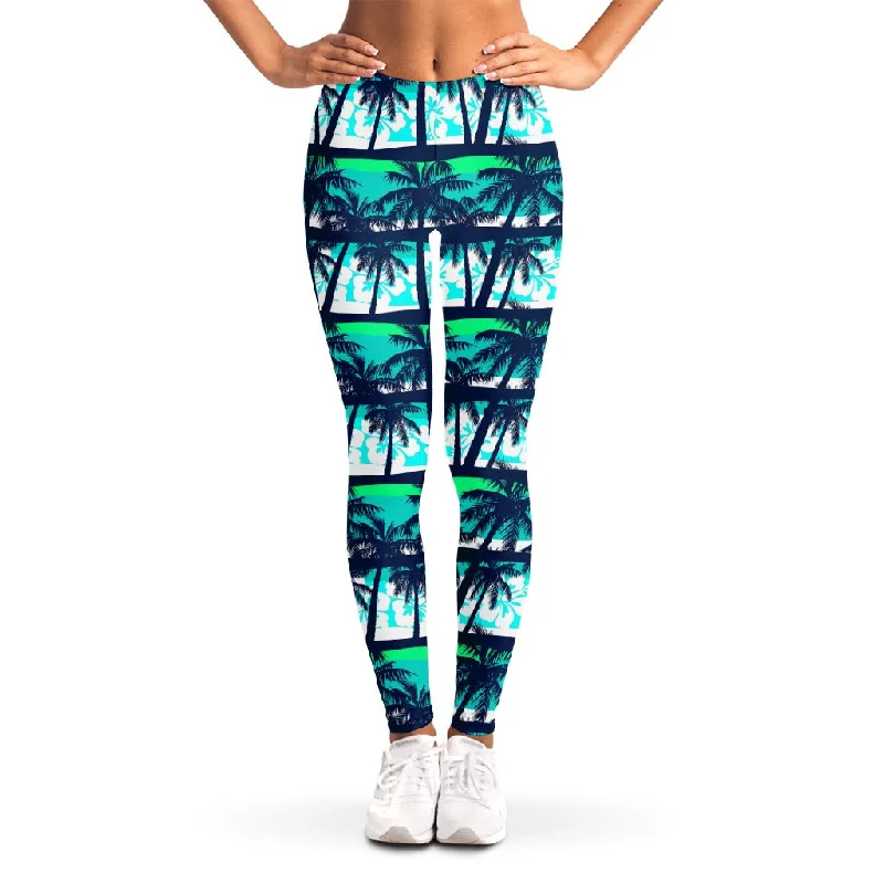 Weekend Flash Sale Blue Hibiscus Palm Tree Pattern Print Women's Leggings