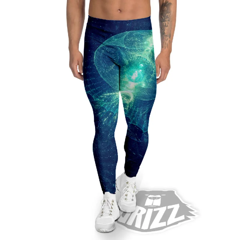 Blue Jellyfish On Deep Sea Print Men's Leggings