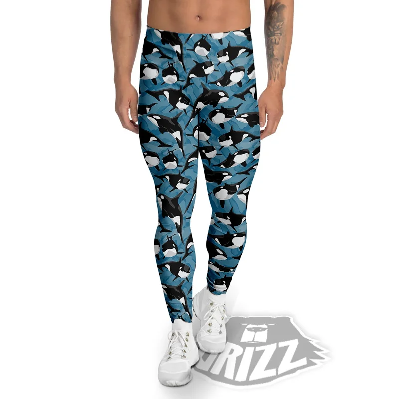 Blue Killer Whale Print Pattern Men's Leggings