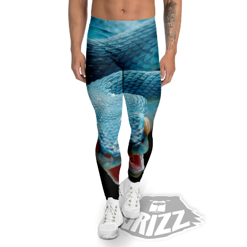 Blue Scary Viper Snake Print Men's Leggings