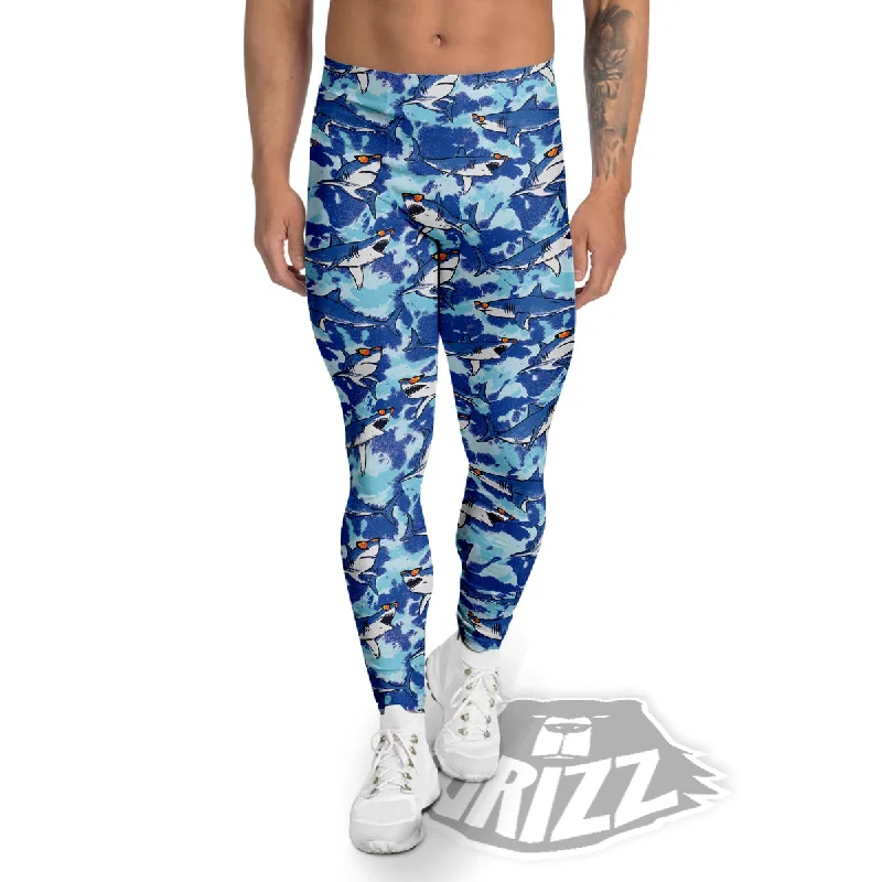 Blue Shark Print Pattern Men's Leggings