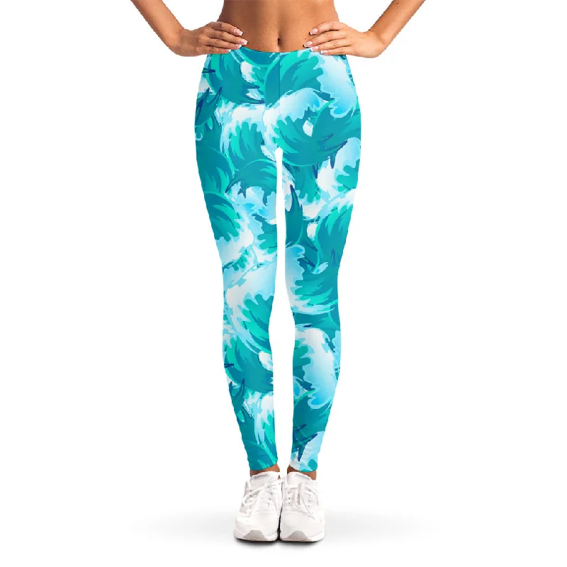 Value Deals Blue Surfing Wave Pattern Print Women's Leggings