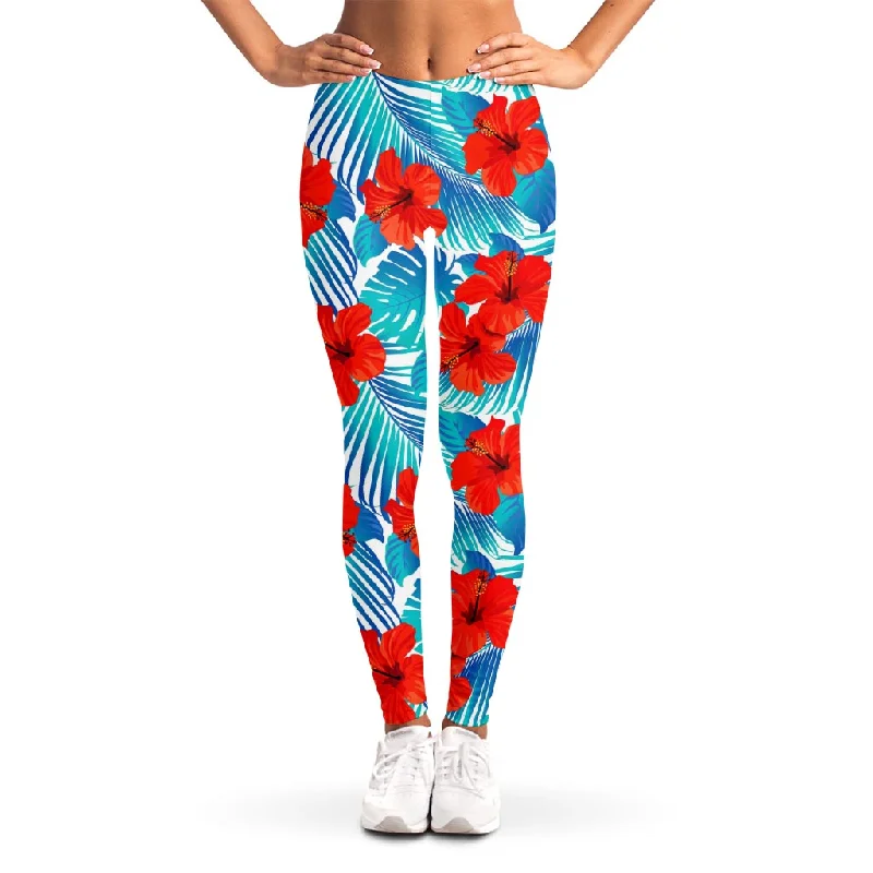 Unbeatable Prices Blue Tropical Hibiscus Pattern Print Women's Leggings