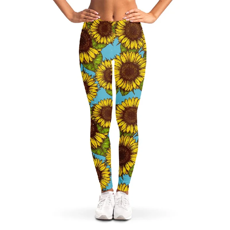 The Best Prices Blue Vintage Sunflower Pattern Print Women's Leggings