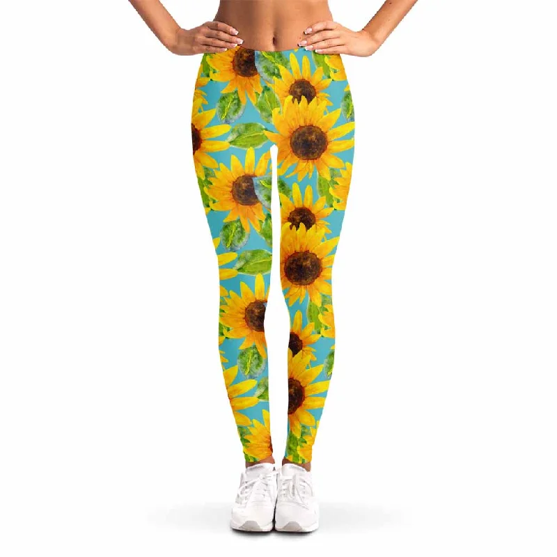 Super Deal Blue Watercolor Sunflower Pattern Print Women's Leggings