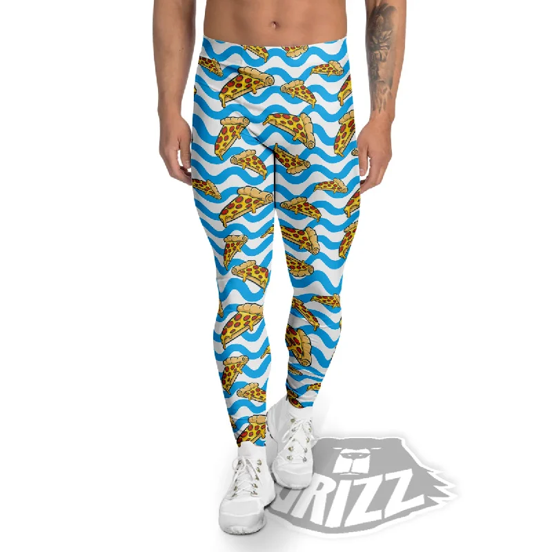 Blue Wave Pizza Print Pattern Men's Leggings