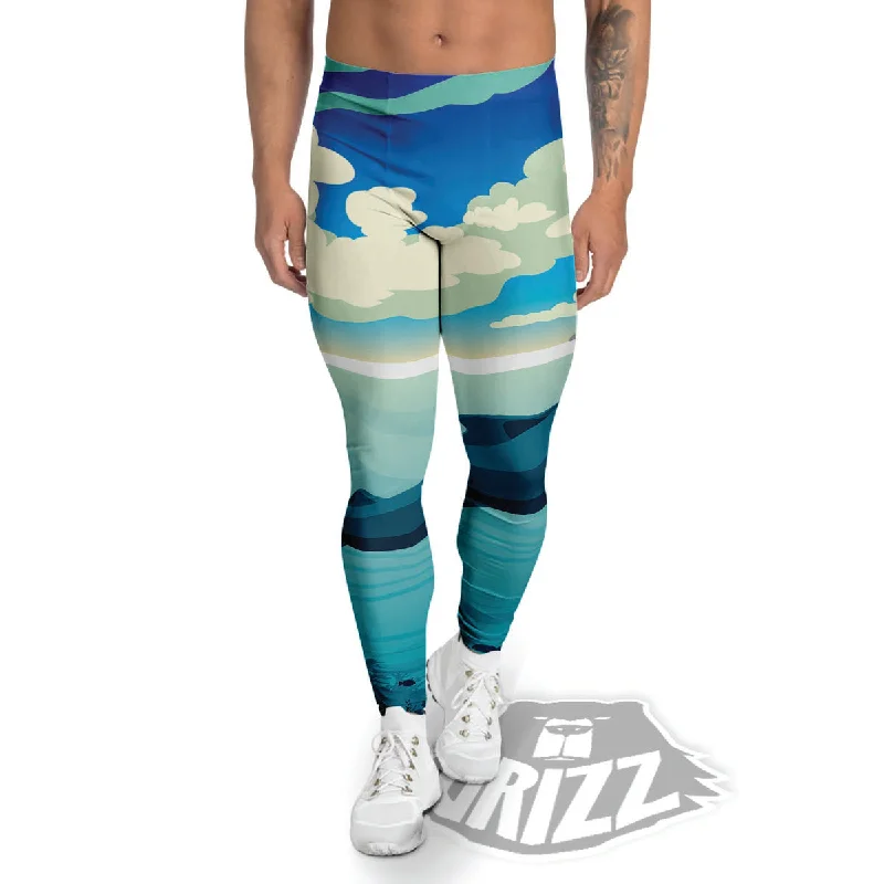 Blue Whale In Deep Sea Print Men's Leggings