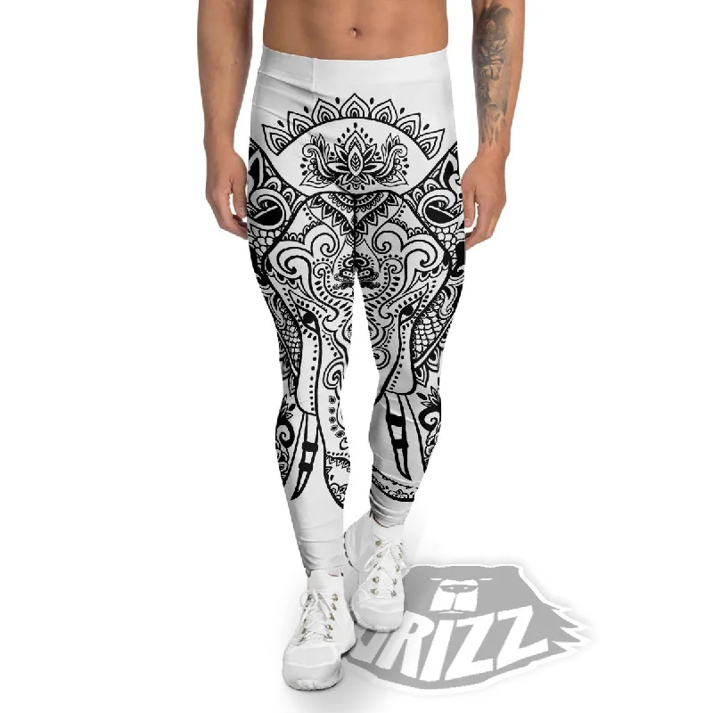 Boho Elephant White And Black Print Men's Leggings