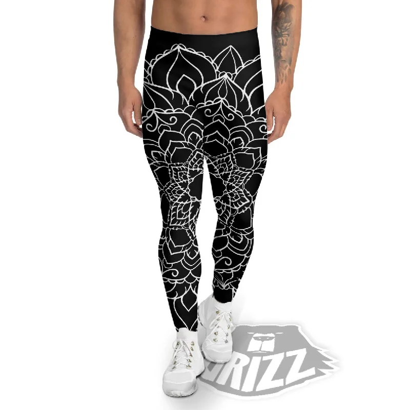 Boho Mandala White And Black Print Men's Leggings