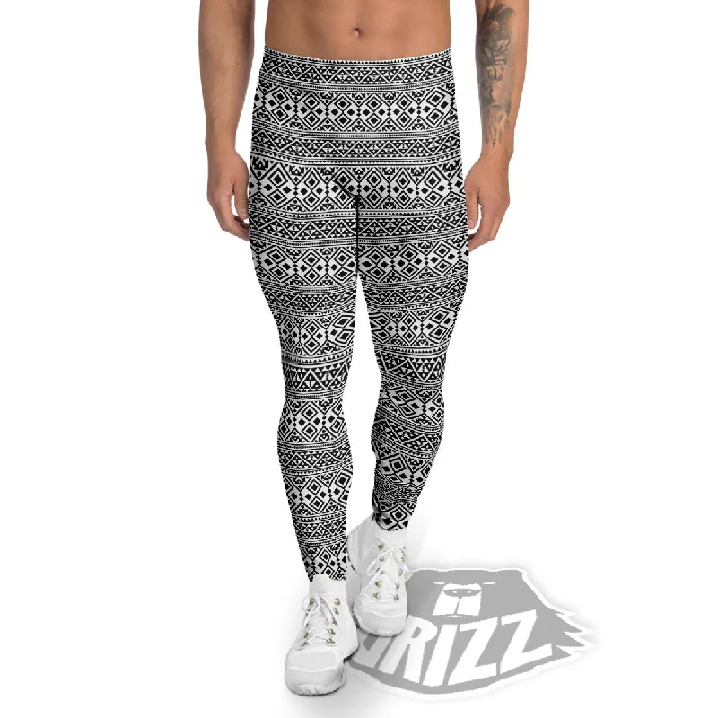 Boho Tribal White And Black Print Men's Leggings