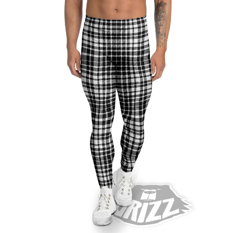 Border Tartan White And Black Print Men's Leggings