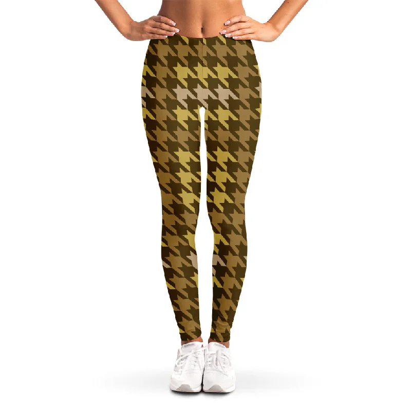 Brown And Tan Houndstooth Pattern Print Women's Leggings