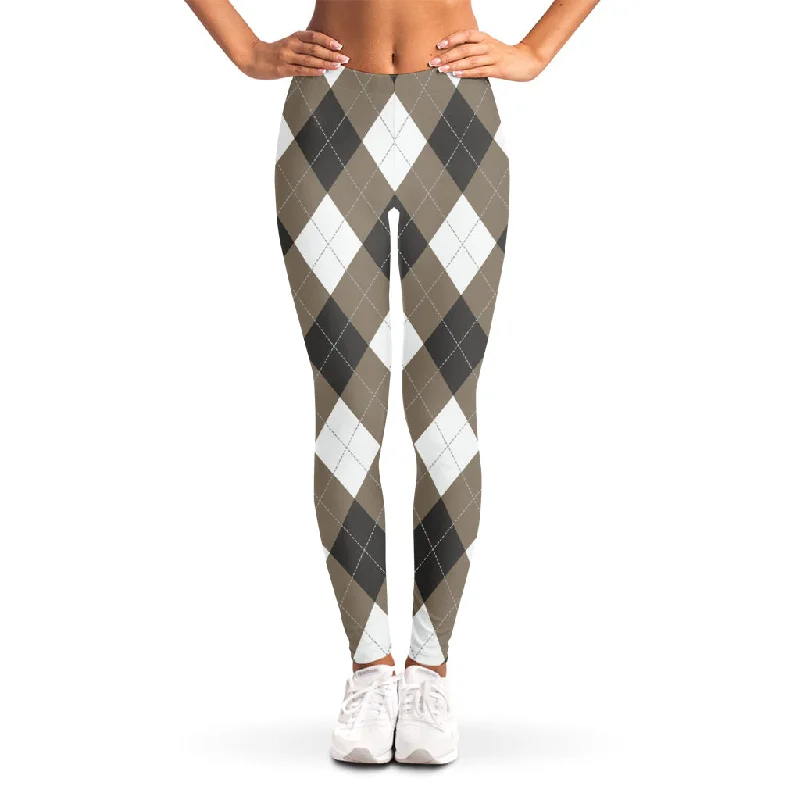 Brown And White Argyle Pattern Print Women's Leggings