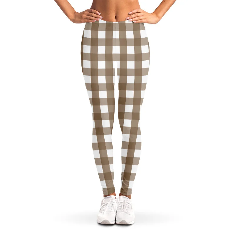 Brown And White Check Pattern Print Women's Leggings