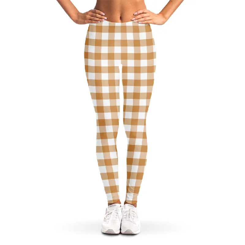 Brown And White Gingham Pattern Print Women's Leggings