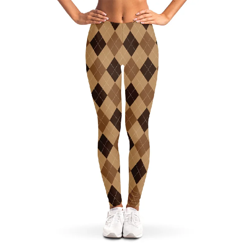 Brown Argyle Pattern Print Women's Leggings