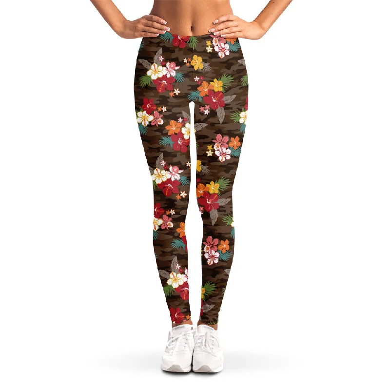 Brown Camo Hibiscus Flower Print Women's Leggings