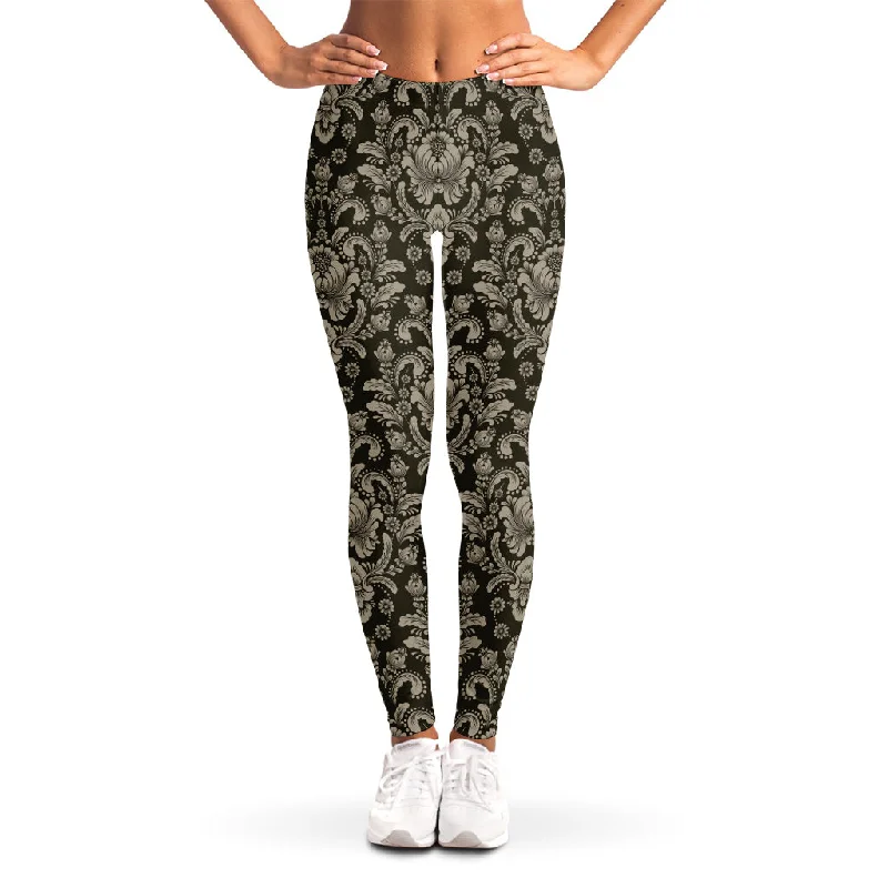 Brown Damask Pattern Print Women's Leggings